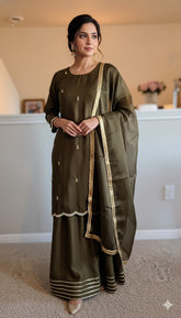 Korean Raw Silk Booti Shirt with Farshi Salwar & Chiffon Dupatta – 3 Piece Set