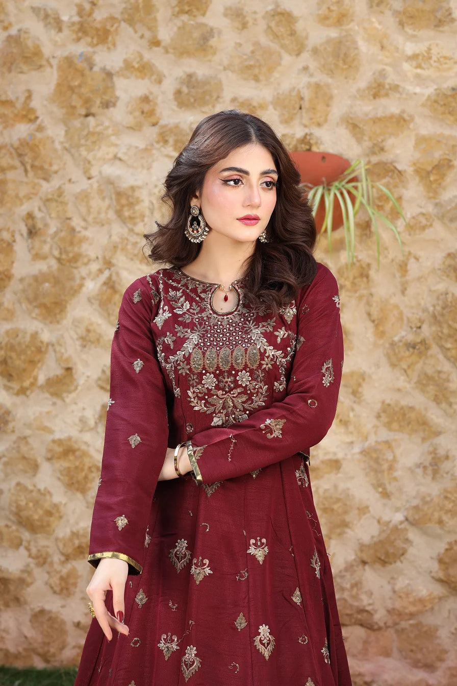 3 Piece NF-6099 Mahroon Lahanga Choli Stitched