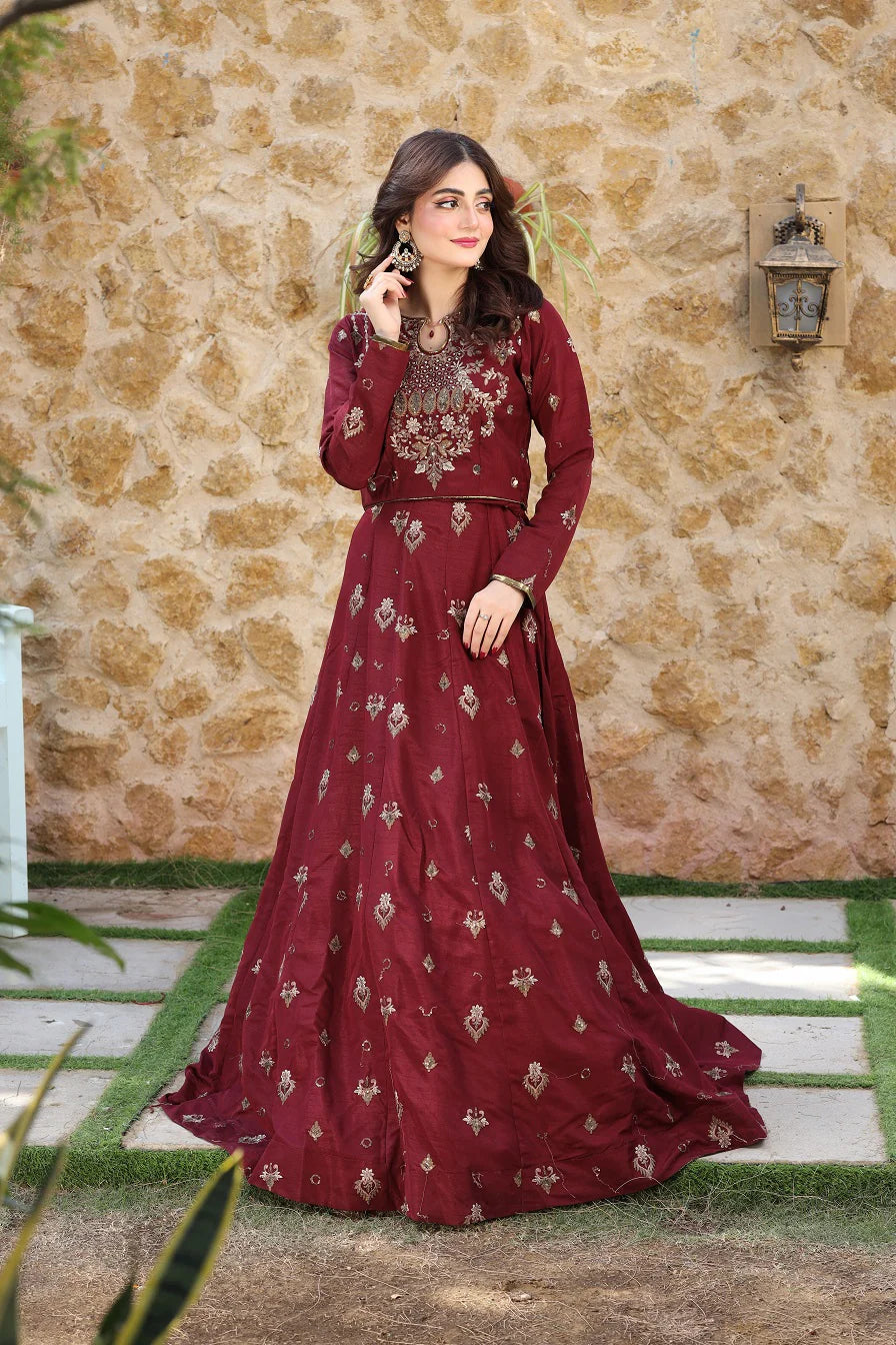 3 Piece NF-6099 Mahroon Lahanga Choli Stitched