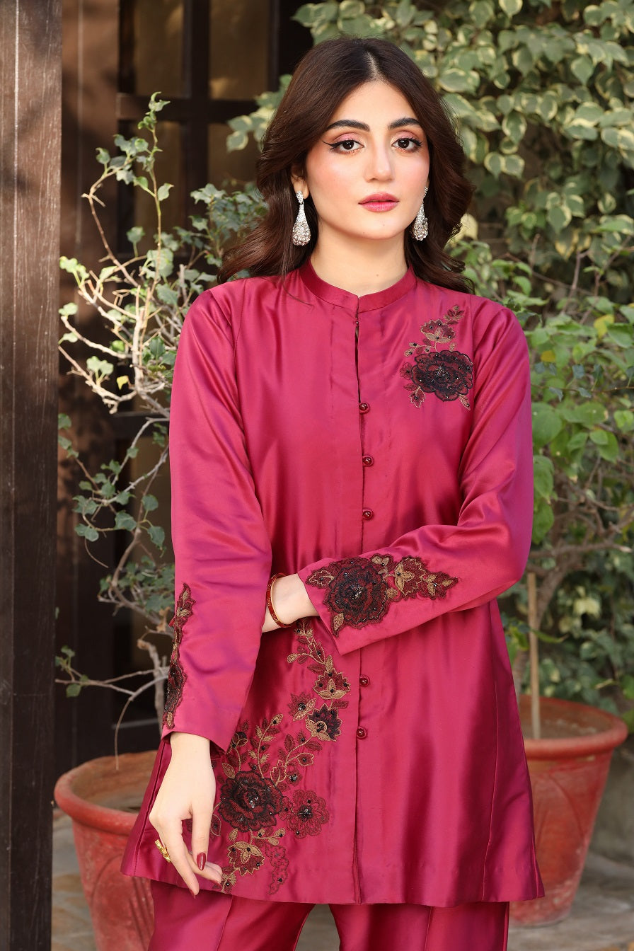 3 Piece NF-6170 Margenta Silk 3pc Stitched Suit