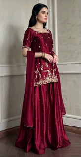 Burgundy Sheesha Silk Short Kurti Set with Flared Lehenga & Medium Silk Dupatta