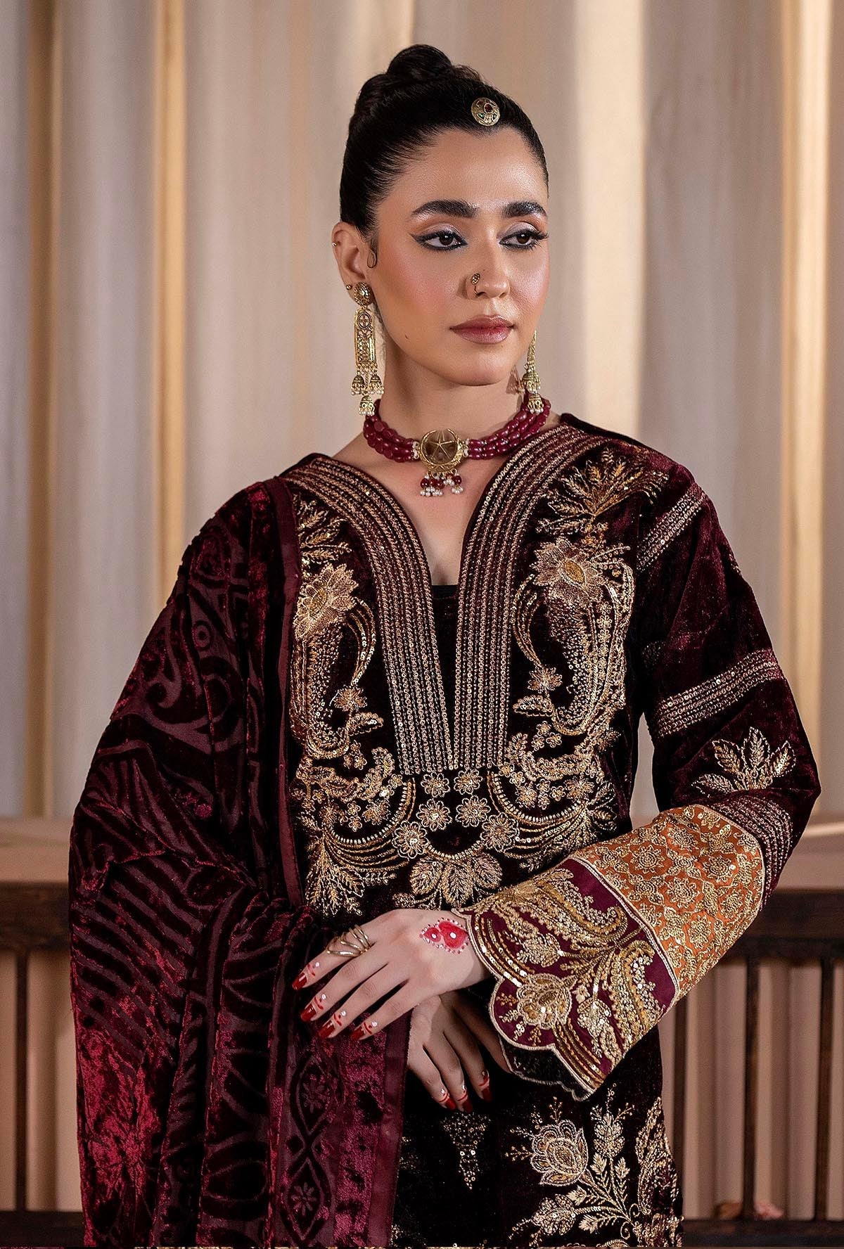 Plachi-0008 Stitched Embroidered Velvet Salwar Kameez with Velvet Shawl