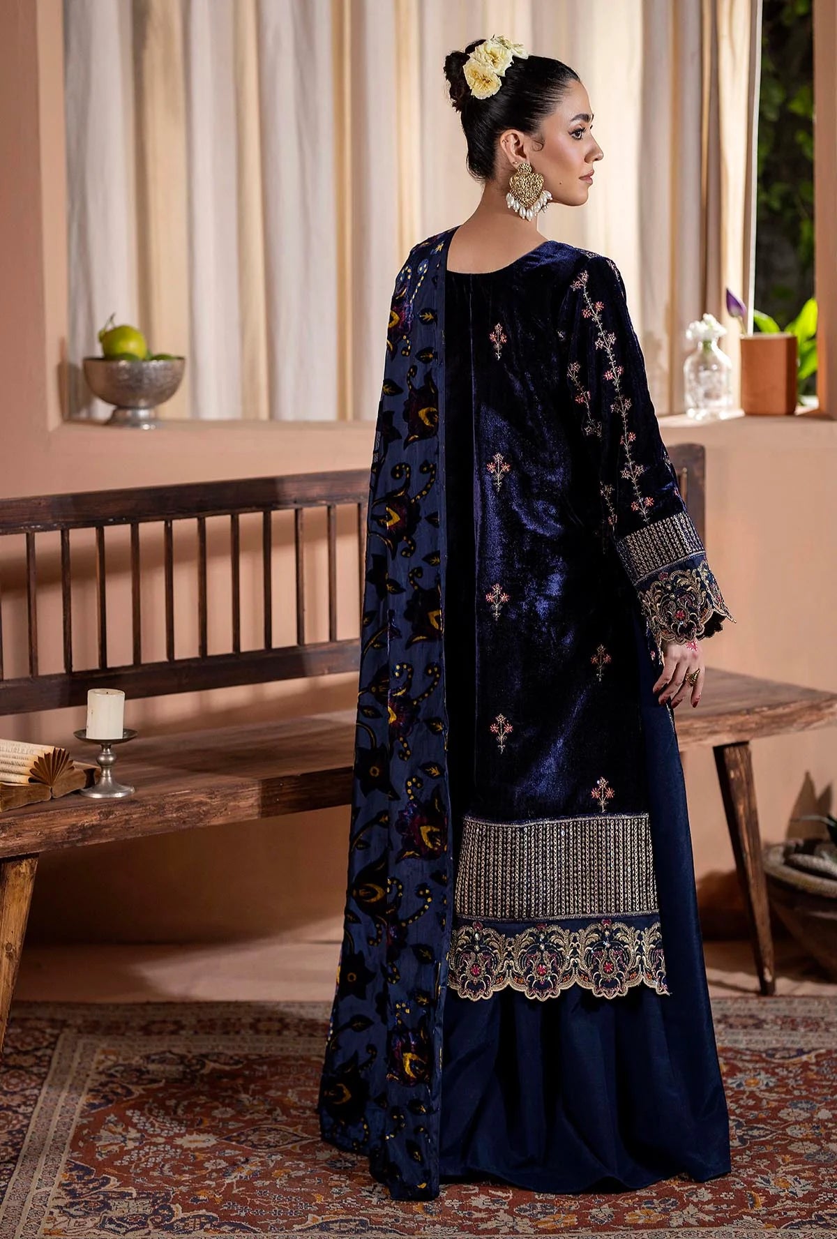 Plachi-0009 Stitched Embroidered Velvet Salwar Kameez with Velvet Shawl