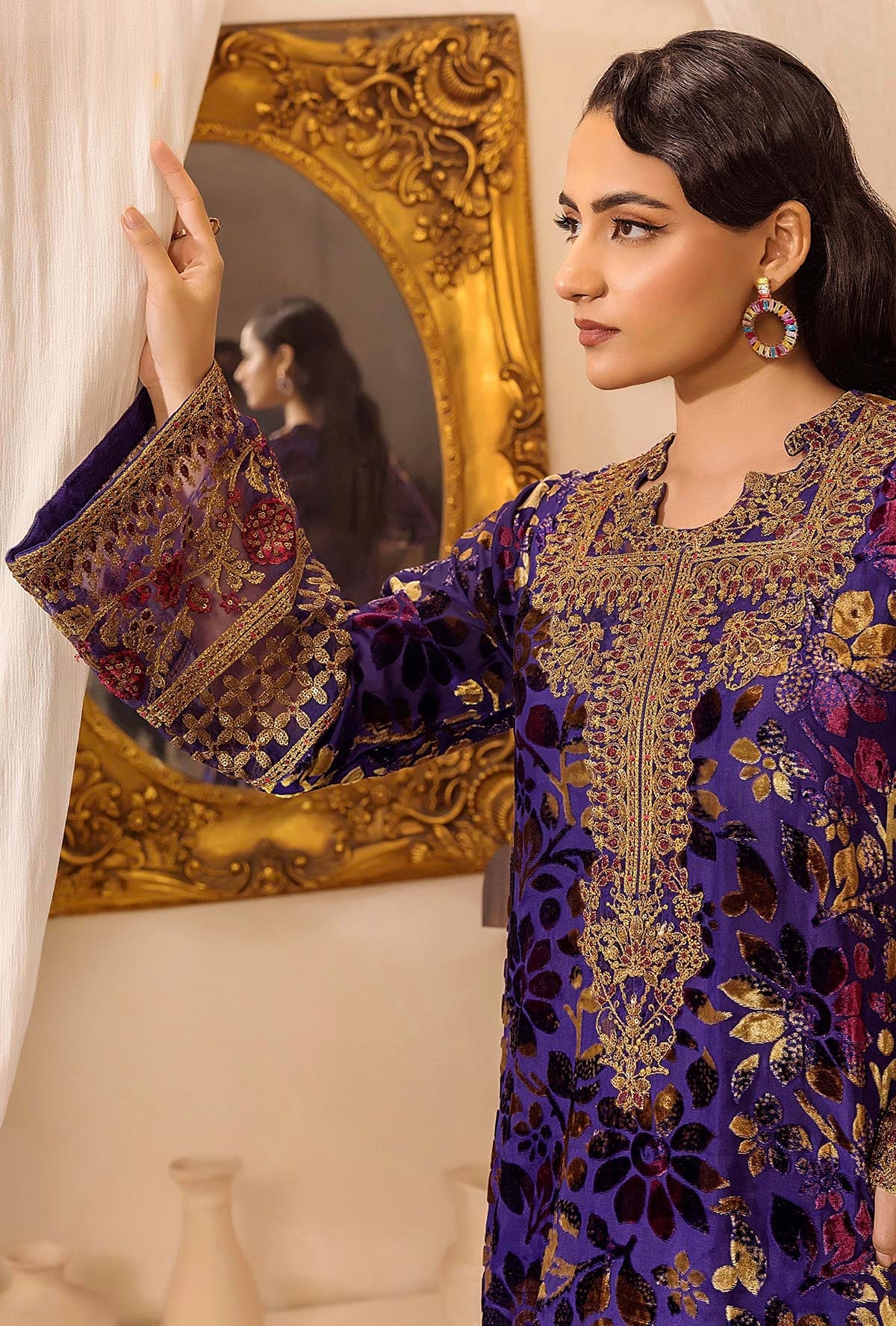 Indigo Stitched Embroidered Micro-Velvet Salwar Kameez and Dupatta