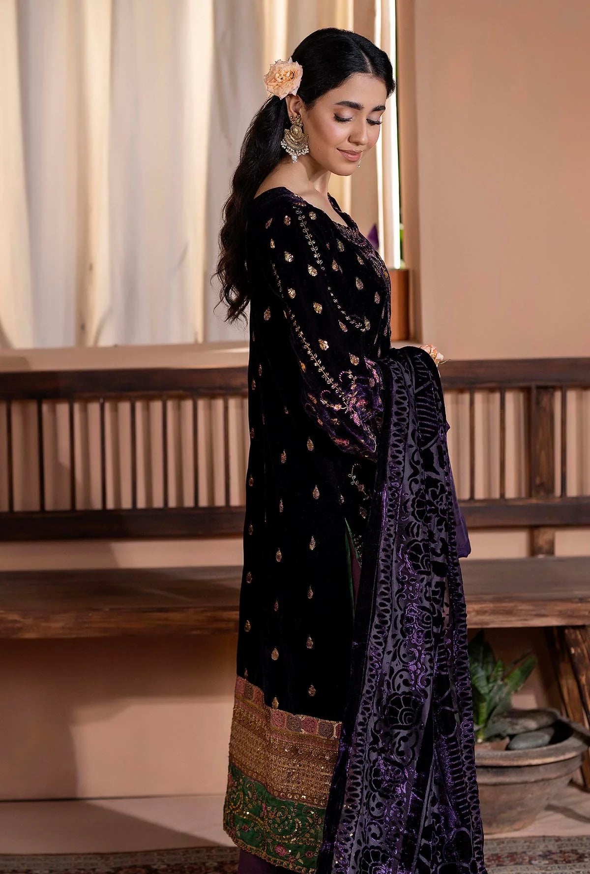 Plachi-0004 Stitched Embroidered Velvet Salwar Kameez with Velvet Shawl