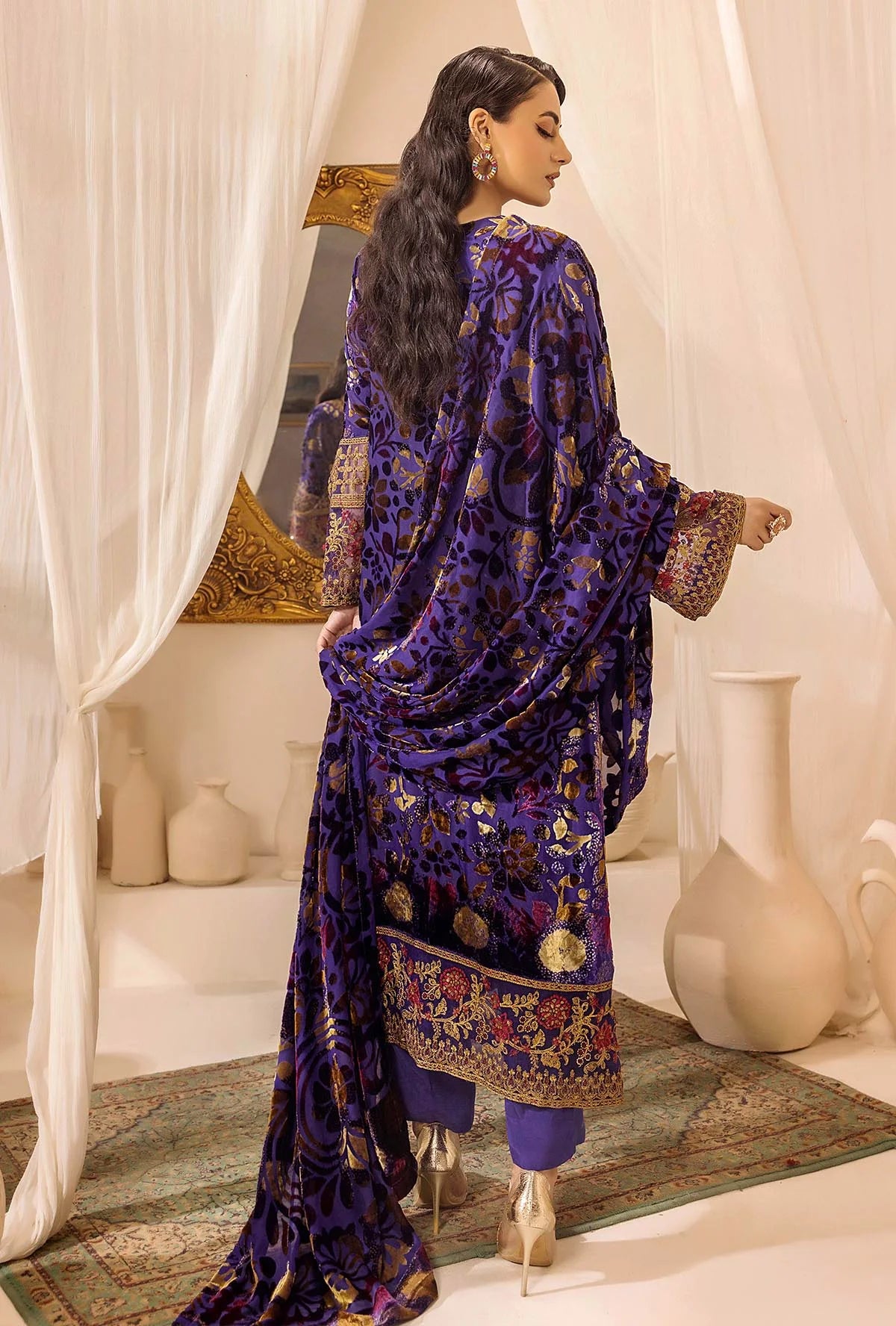 Indigo Stitched Embroidered Micro-Velvet Salwar Kameez and Dupatta