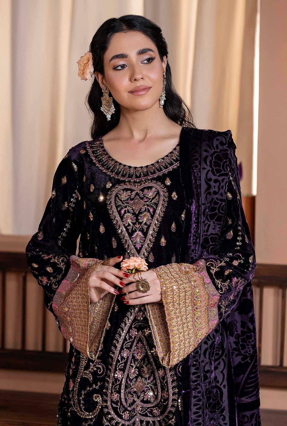 Plachi-0004 Stitched Embroidered Velvet Salwar Kameez with Velvet Shawl