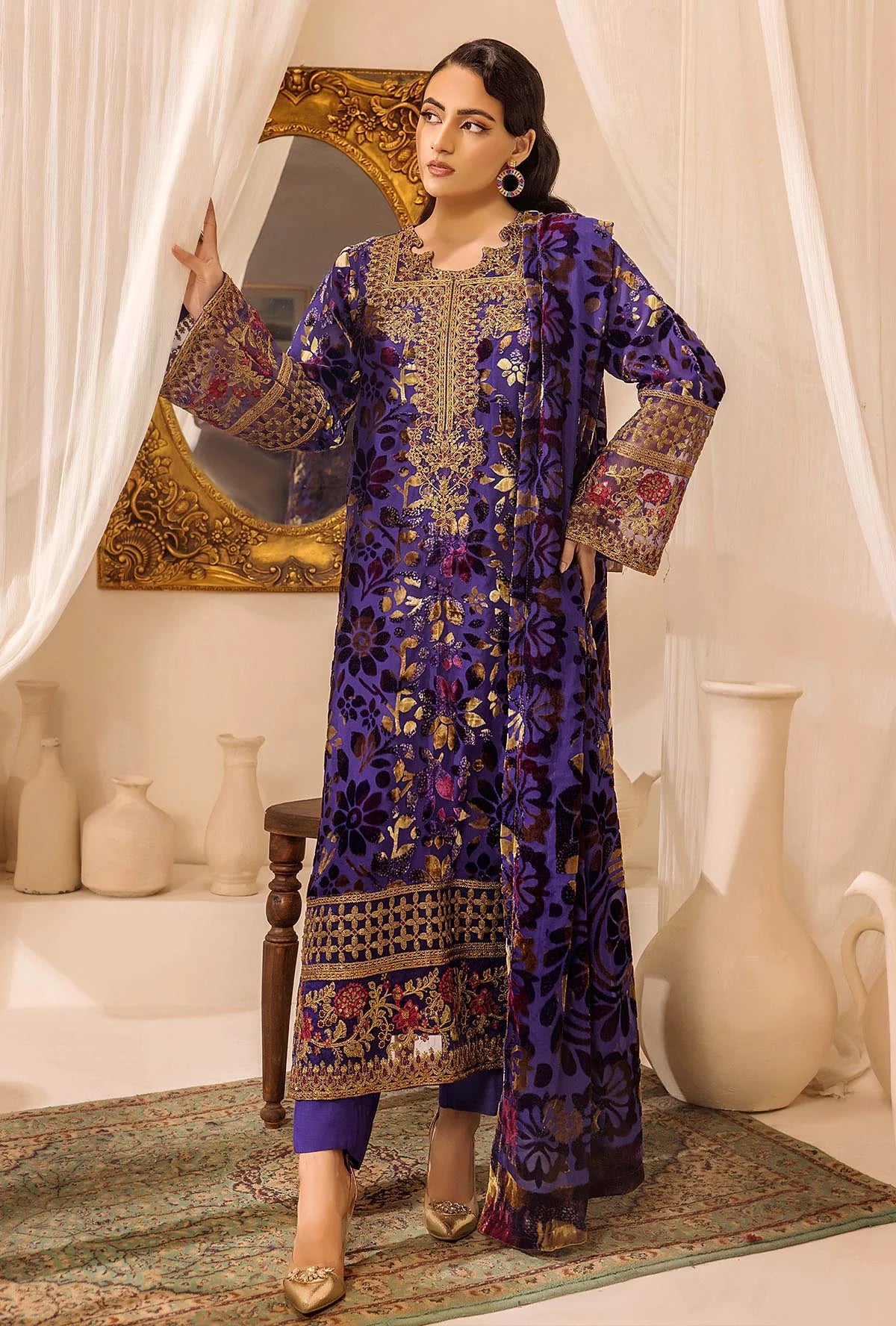Indigo Stitched Embroidered Micro-Velvet Salwar Kameez and Dupatta
