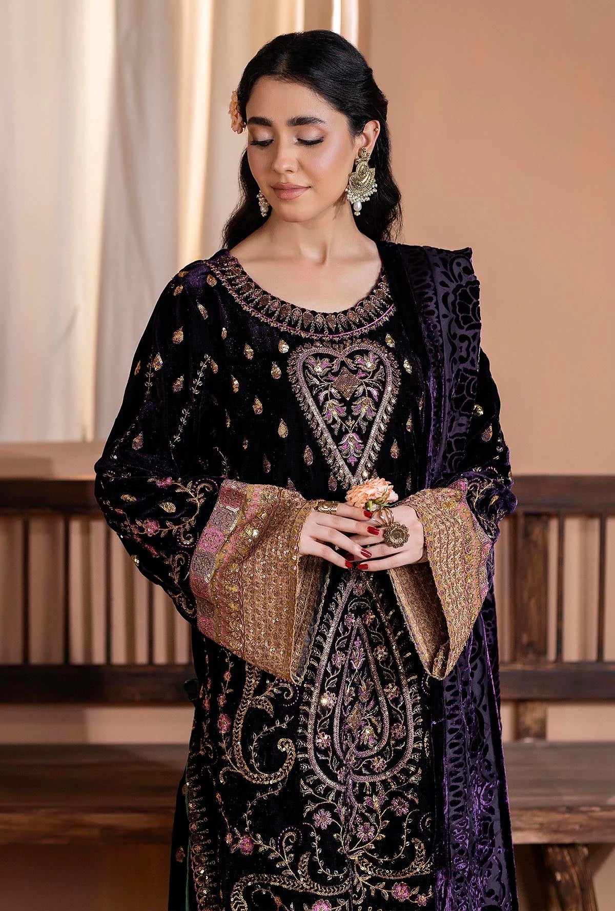 Plachi-0004 Stitched Embroidered Velvet Salwar Kameez with Velvet Shawl