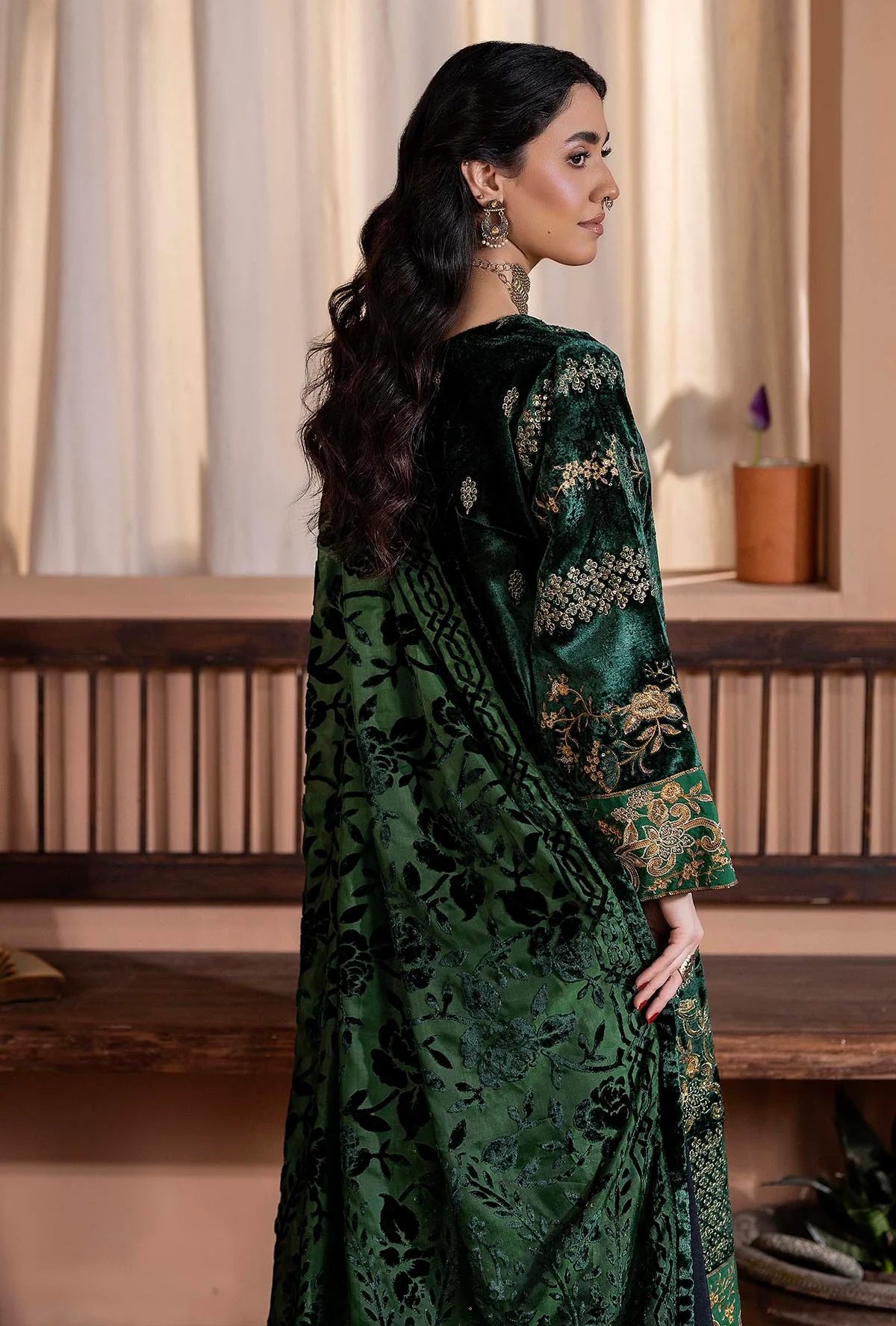 Plachi-0005 Stitched Embroidered Velvet Salwar Kameez with Velvet Shawl