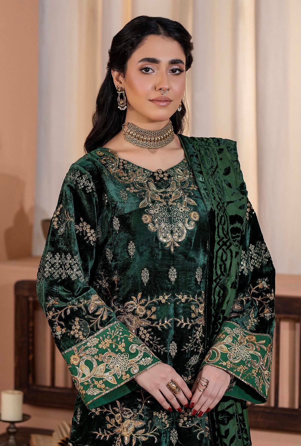 Plachi-0005 Stitched Embroidered Velvet Salwar Kameez with Velvet Shawl