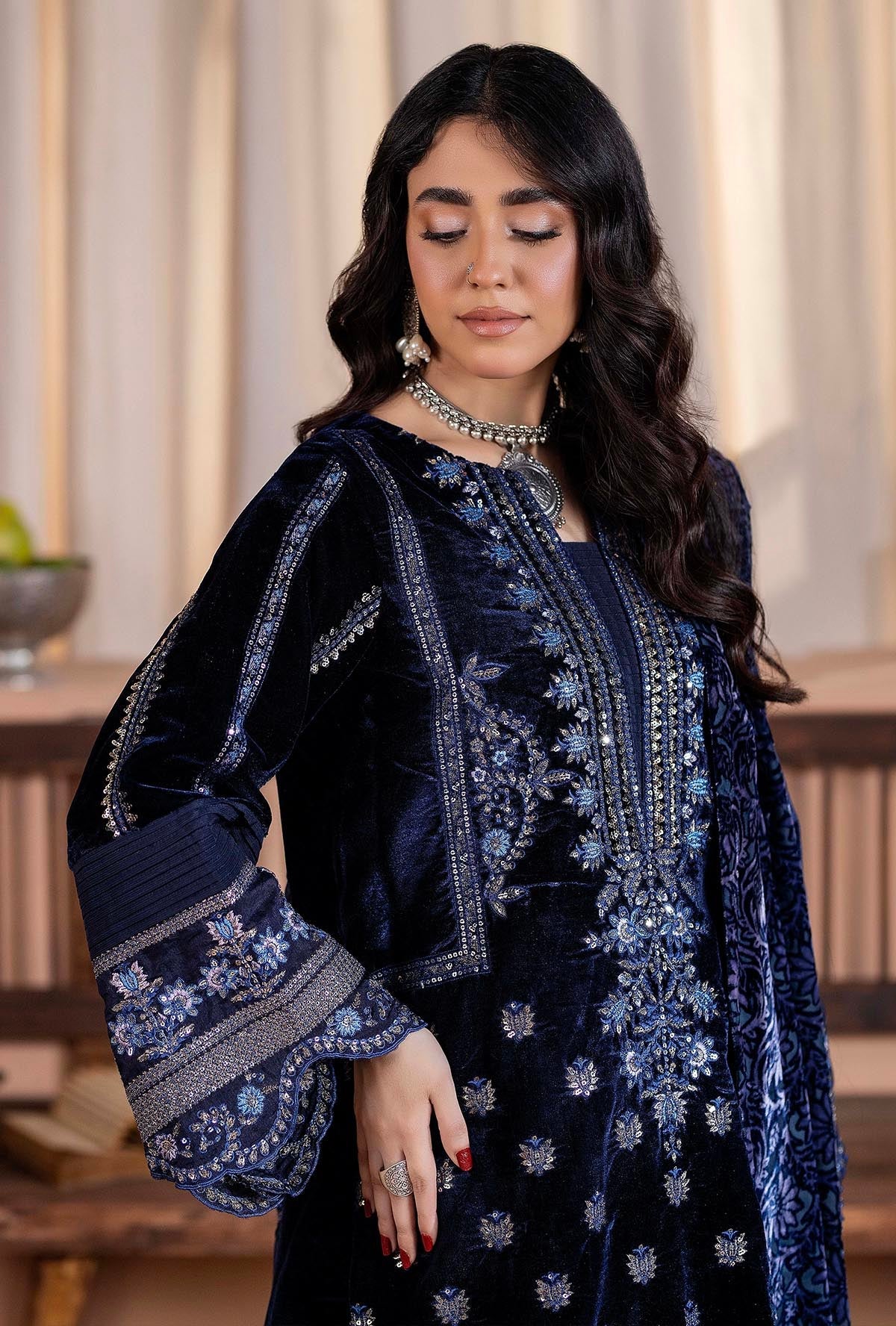 Plachi-0003 Stitched Embroidered Velvet Salwar Kameez with Velvet Shawl
