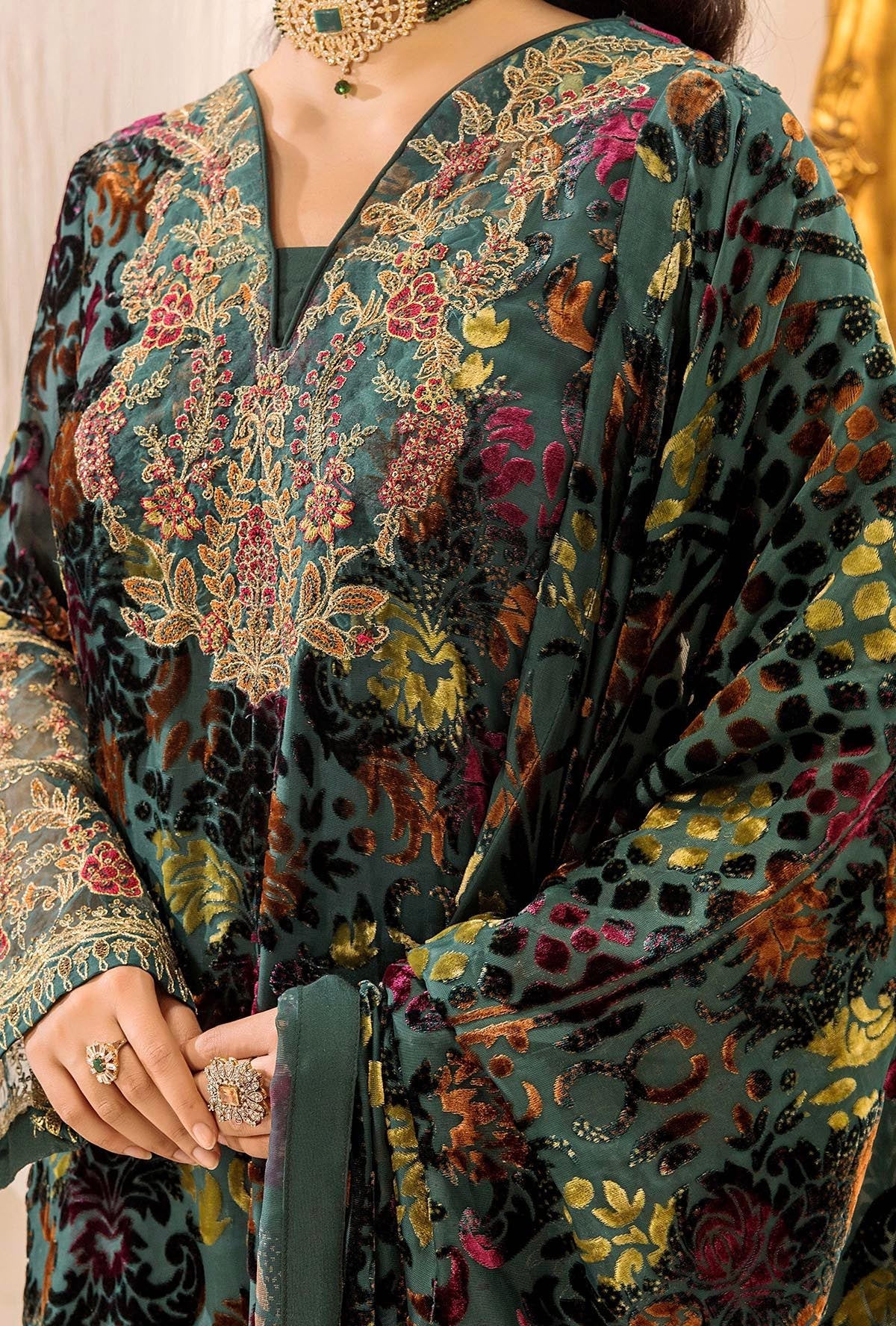 Green Stitched Embroidered Micro-Velvet Salwar Kameez and Dupatta