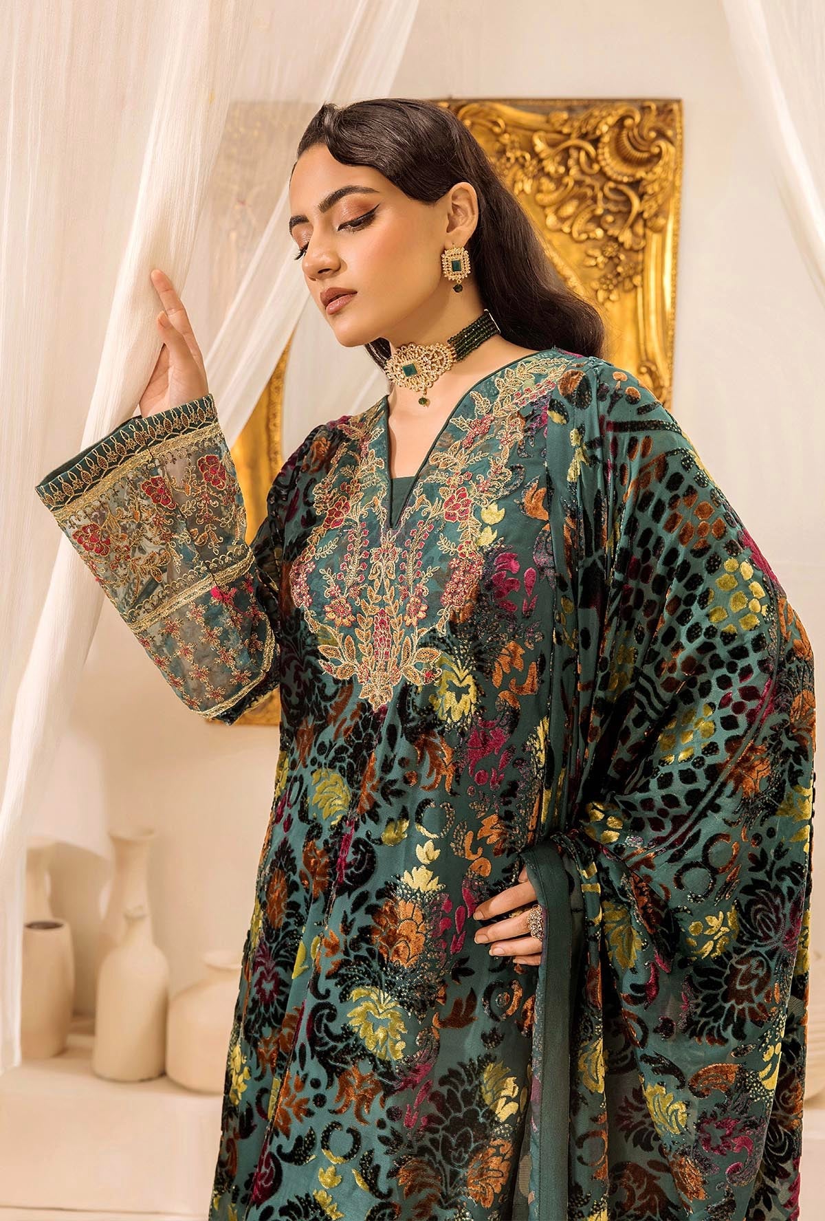 Green Stitched Embroidered Micro-Velvet Salwar Kameez and Dupatta