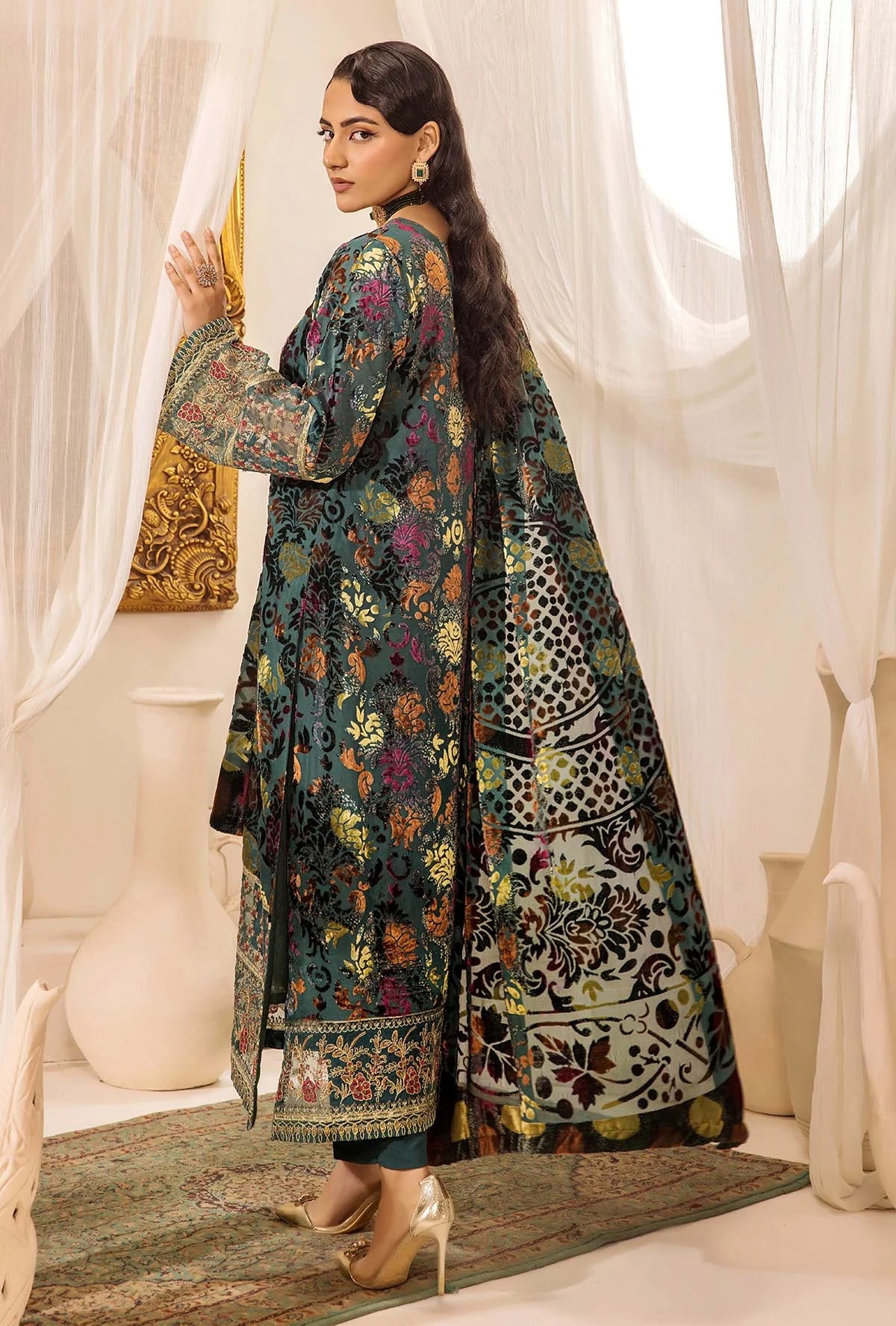 Green Stitched Embroidered Micro-Velvet Salwar Kameez and Dupatta