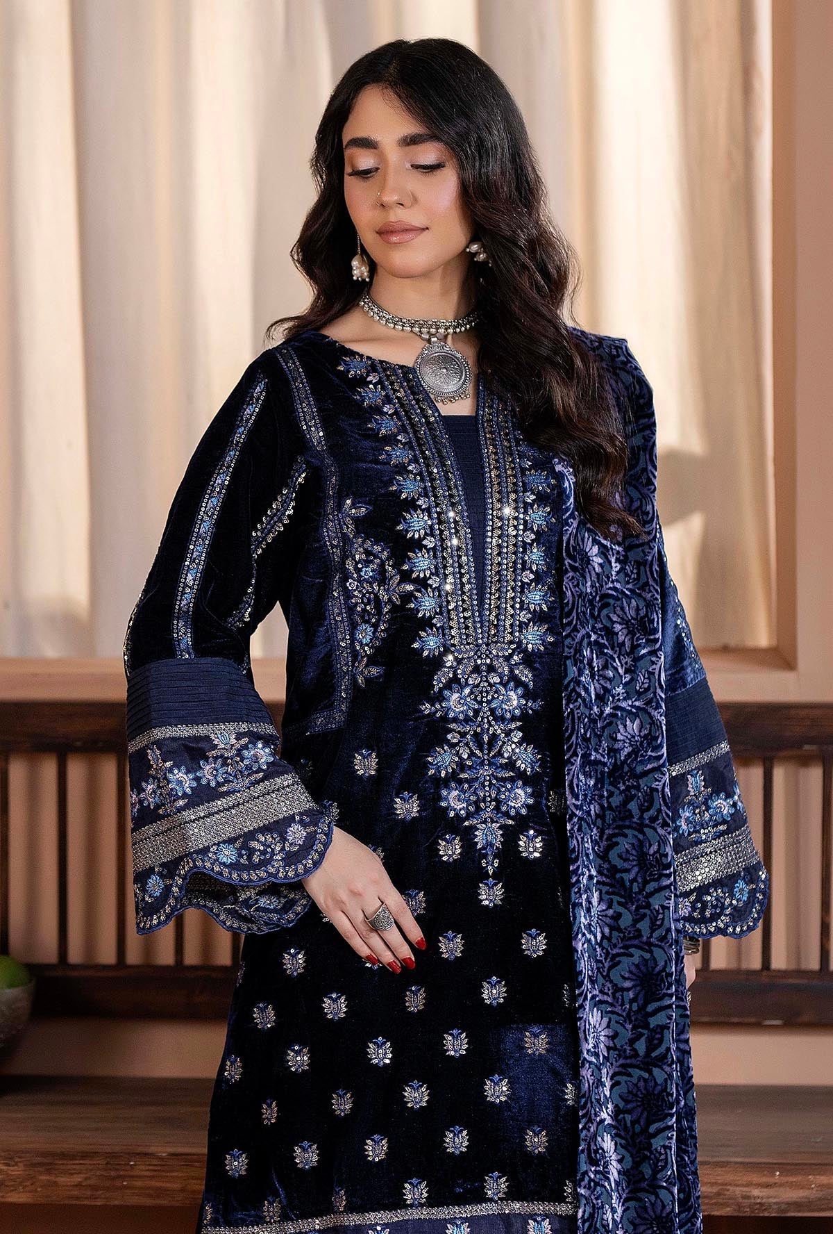 Plachi-0003 Stitched Embroidered Velvet Salwar Kameez with Velvet Shawl