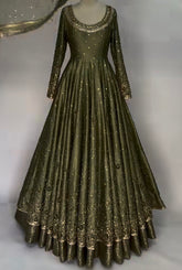 Olive Green Embellished Anarkali – 3 Piece Suit