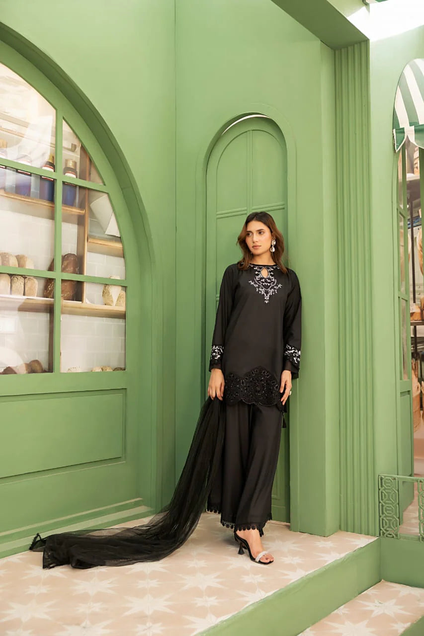 NF-5946 Black Silk Embroidered | Stitched Suit