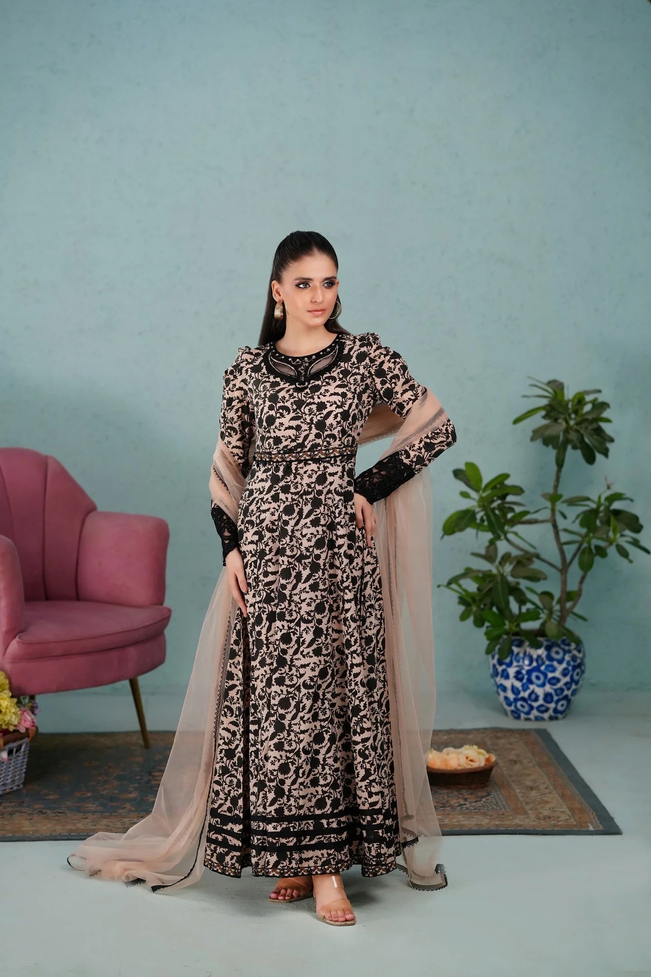 NF-5951 Beige & Black Printed Stitched Frock