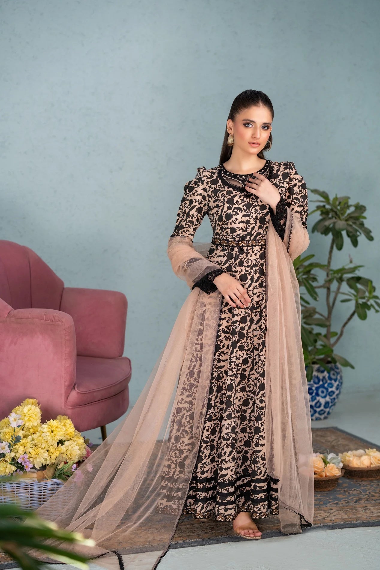 NF-5951 Beige & Black Printed Stitched Frock