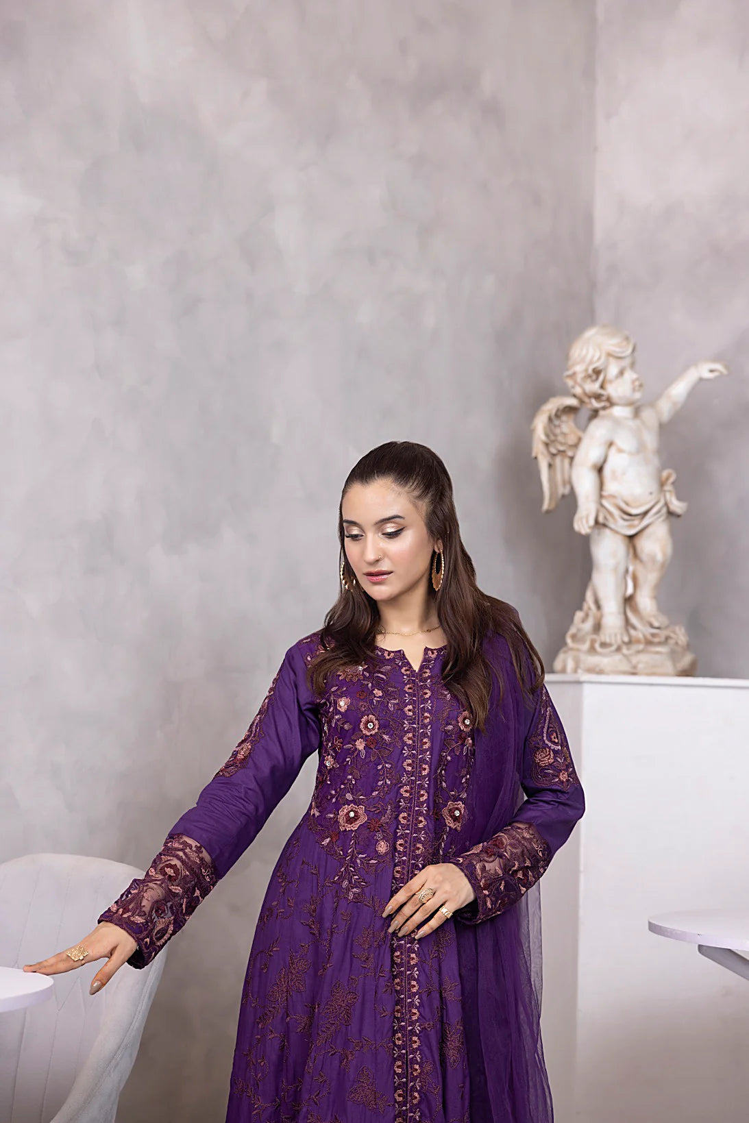 NF-5952 Purple Chikan Embroidered Stitched 3pc Frock