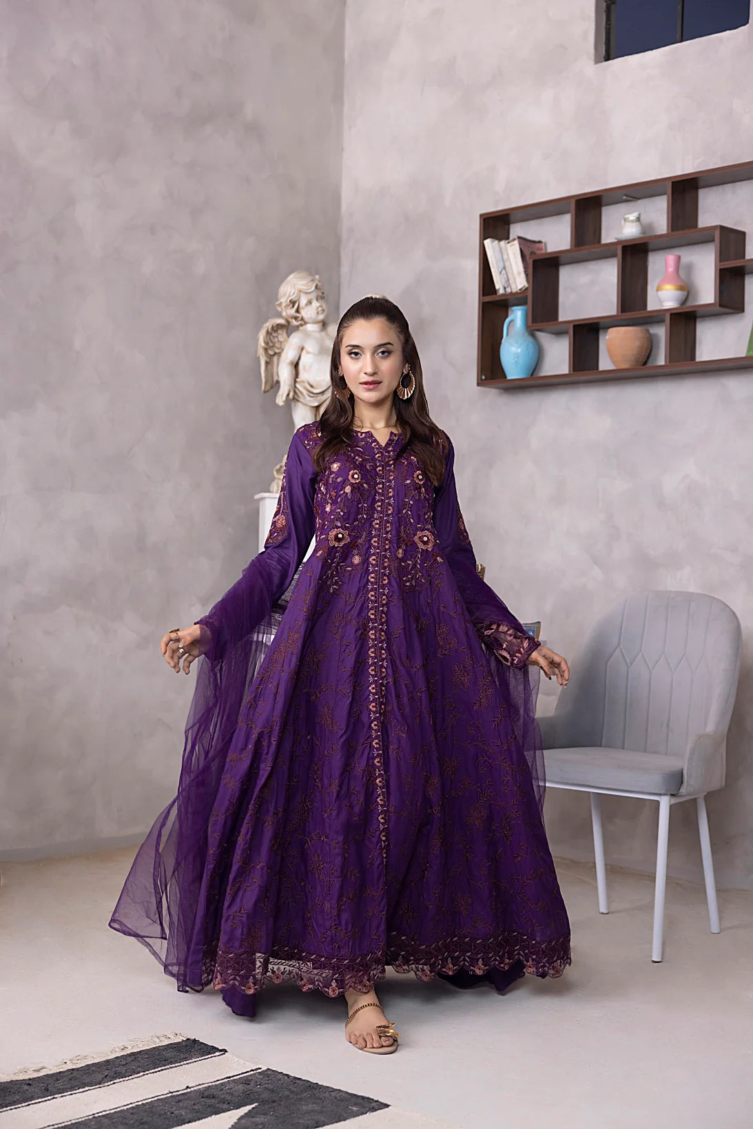 NF-5952 Purple Chikan Embroidered Stitched 3pc Frock