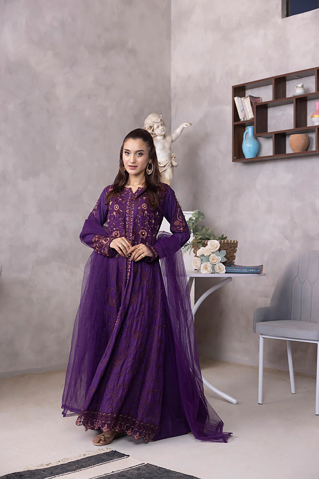 NF-5952 Purple Chikan Embroidered Stitched 3pc Frock