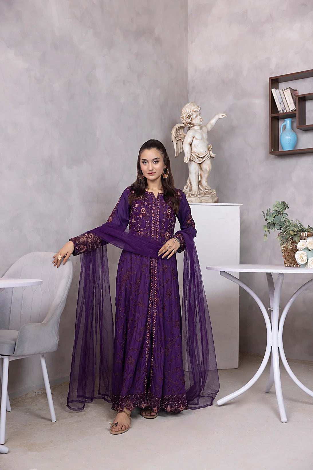 NF-5952 Purple Chikan Embroidered Stitched 3pc Frock