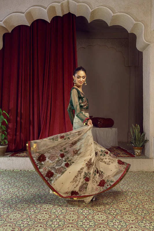 NF-6183 Green & Beige Net Embroidered Lehenga Choli