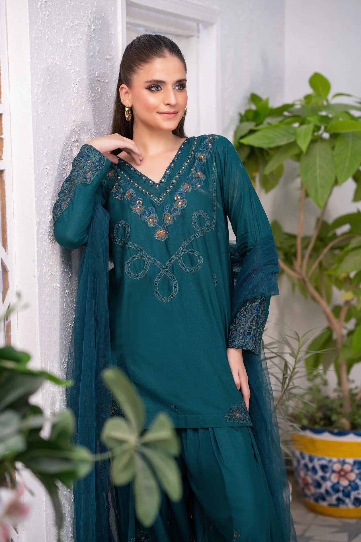 NF-6255 Bottle Green Embroidered Farshi Stitched Suit