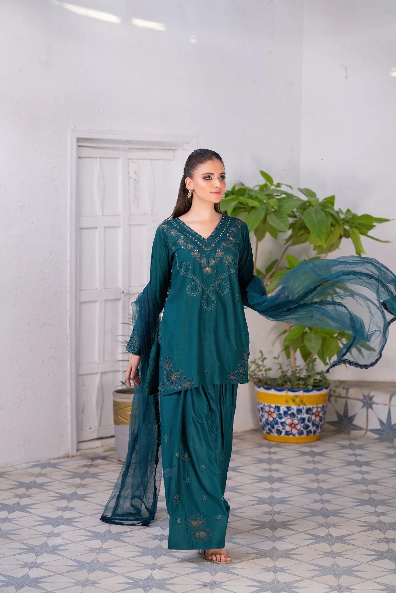 NF-6255 Bottle Green Embroidered Farshi Stitched Suit