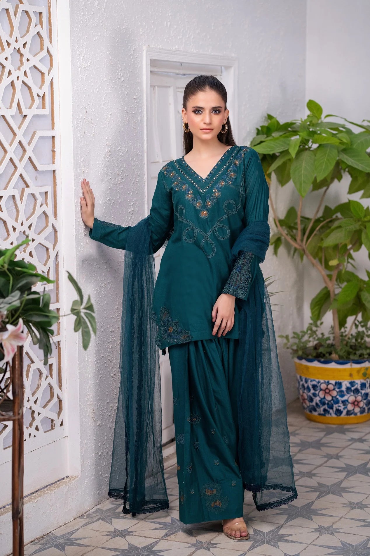 NF-6255 Bottle Green Embroidered Farshi Stitched Suit