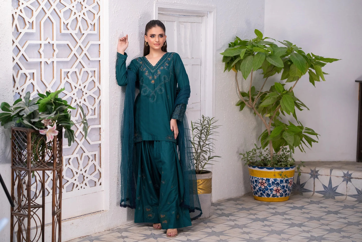 NF-6255 Bottle Green Embroidered Farshi Stitched Suit