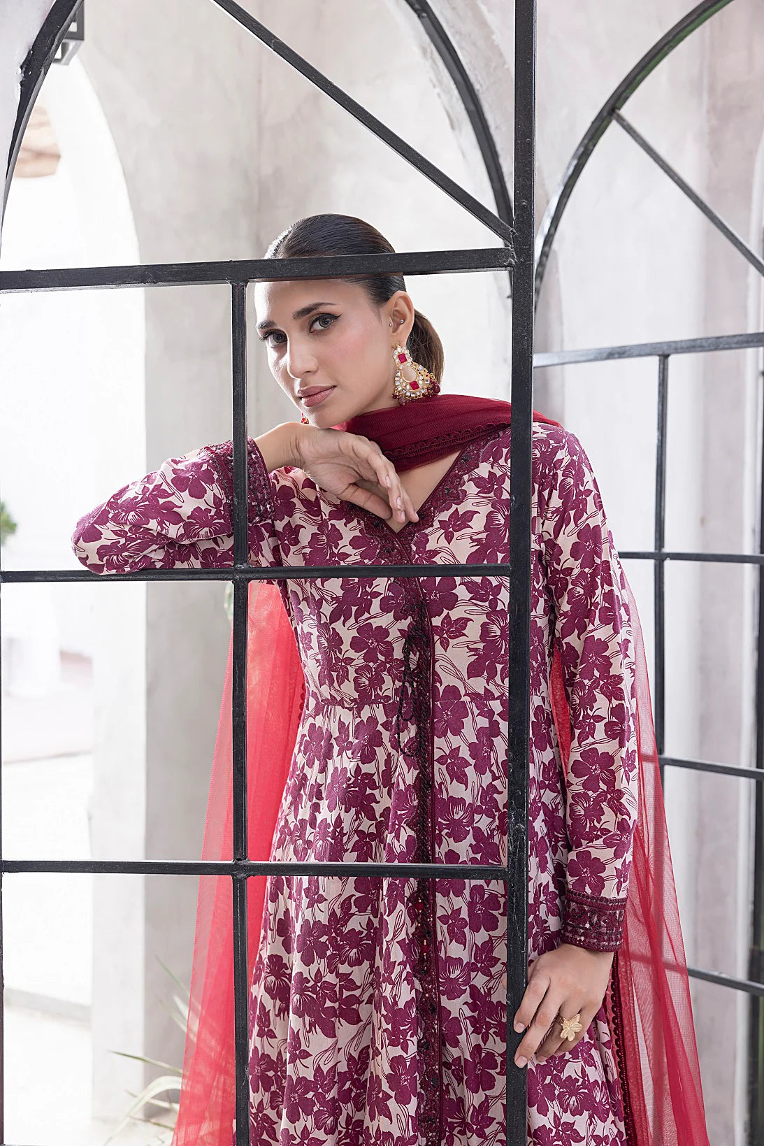 NF-6329 Maroon & Beige Printed Frock | Stitched Suit