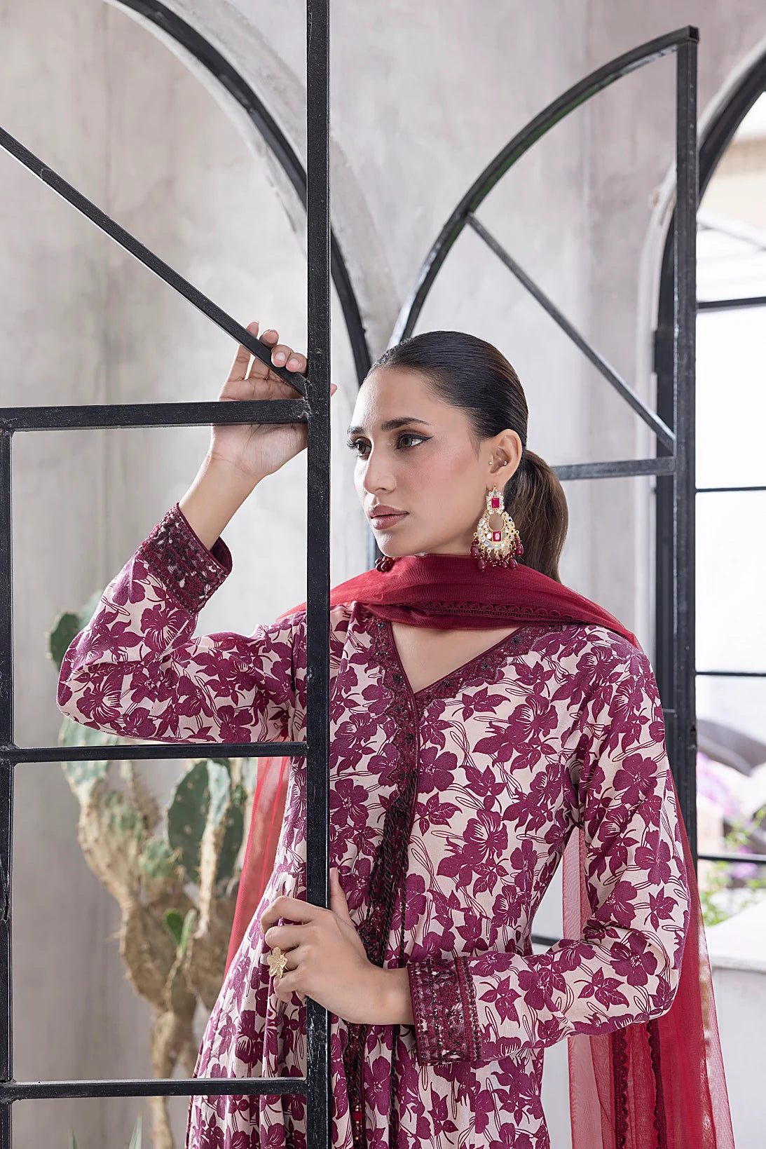 NF-6329 Maroon & Beige Printed Frock | Stitched Suit