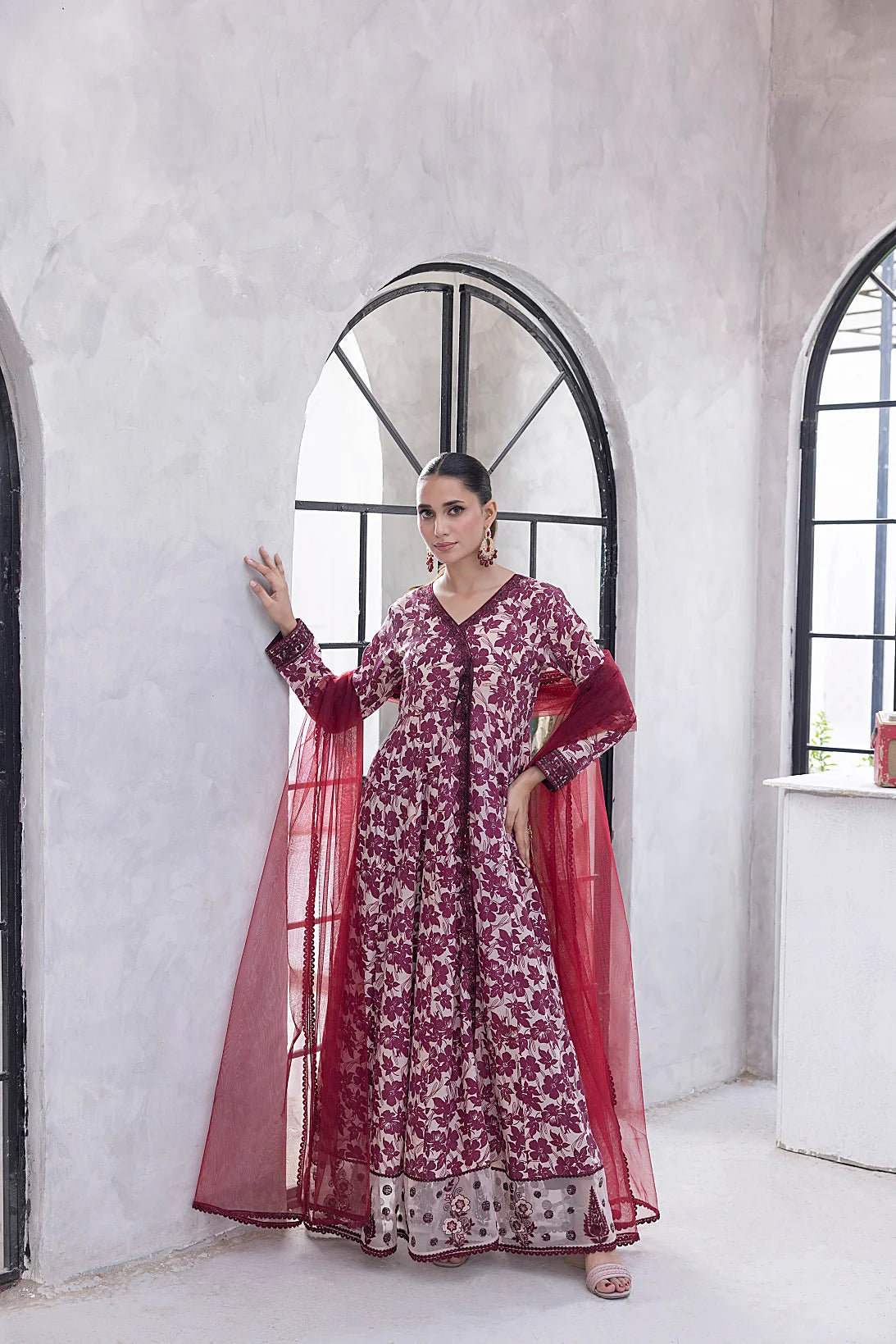 NF-6329 Maroon & Beige Printed Frock | Stitched Suit