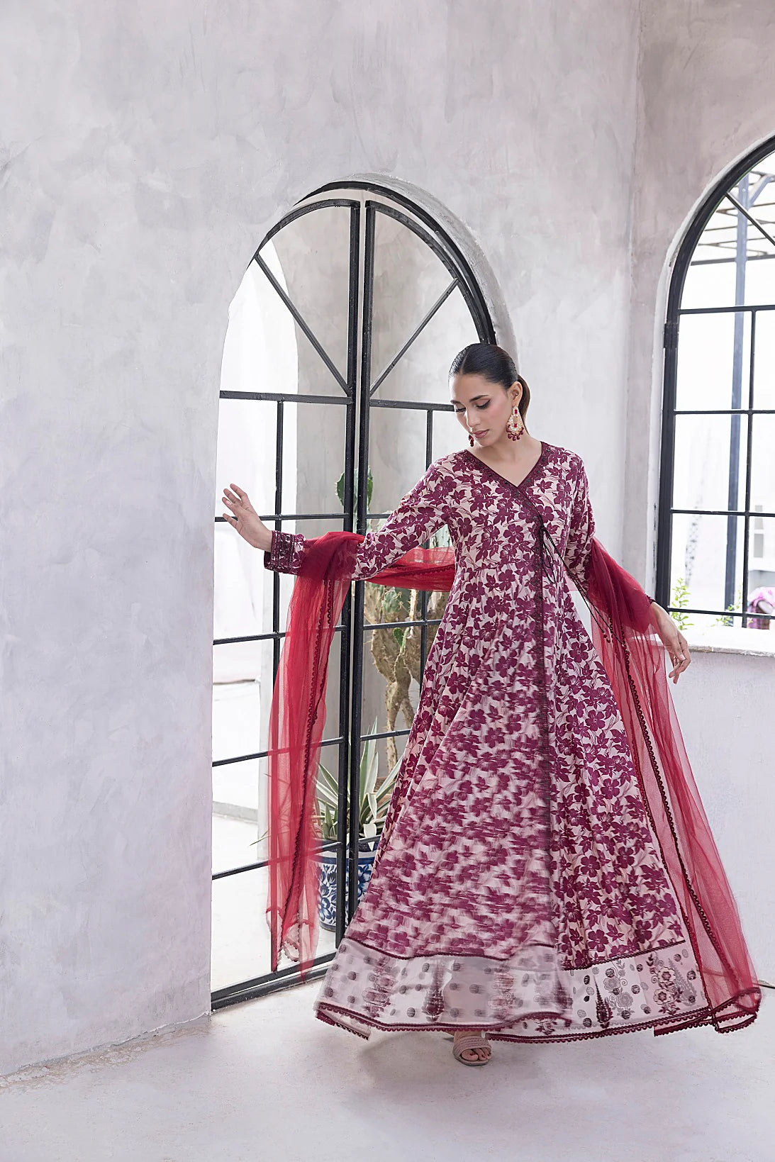 NF-6329 Maroon & Beige Printed Frock | Stitched Suit