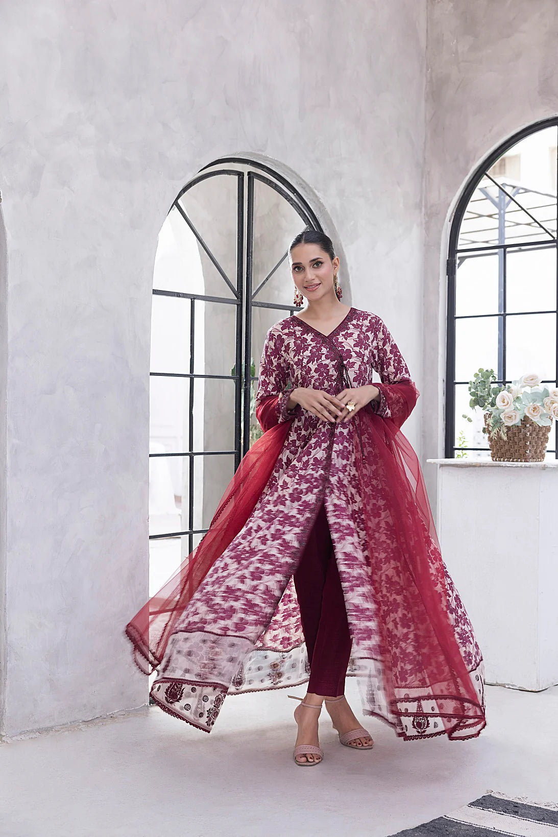 NF-6329 Maroon & Beige Printed Frock | Stitched Suit