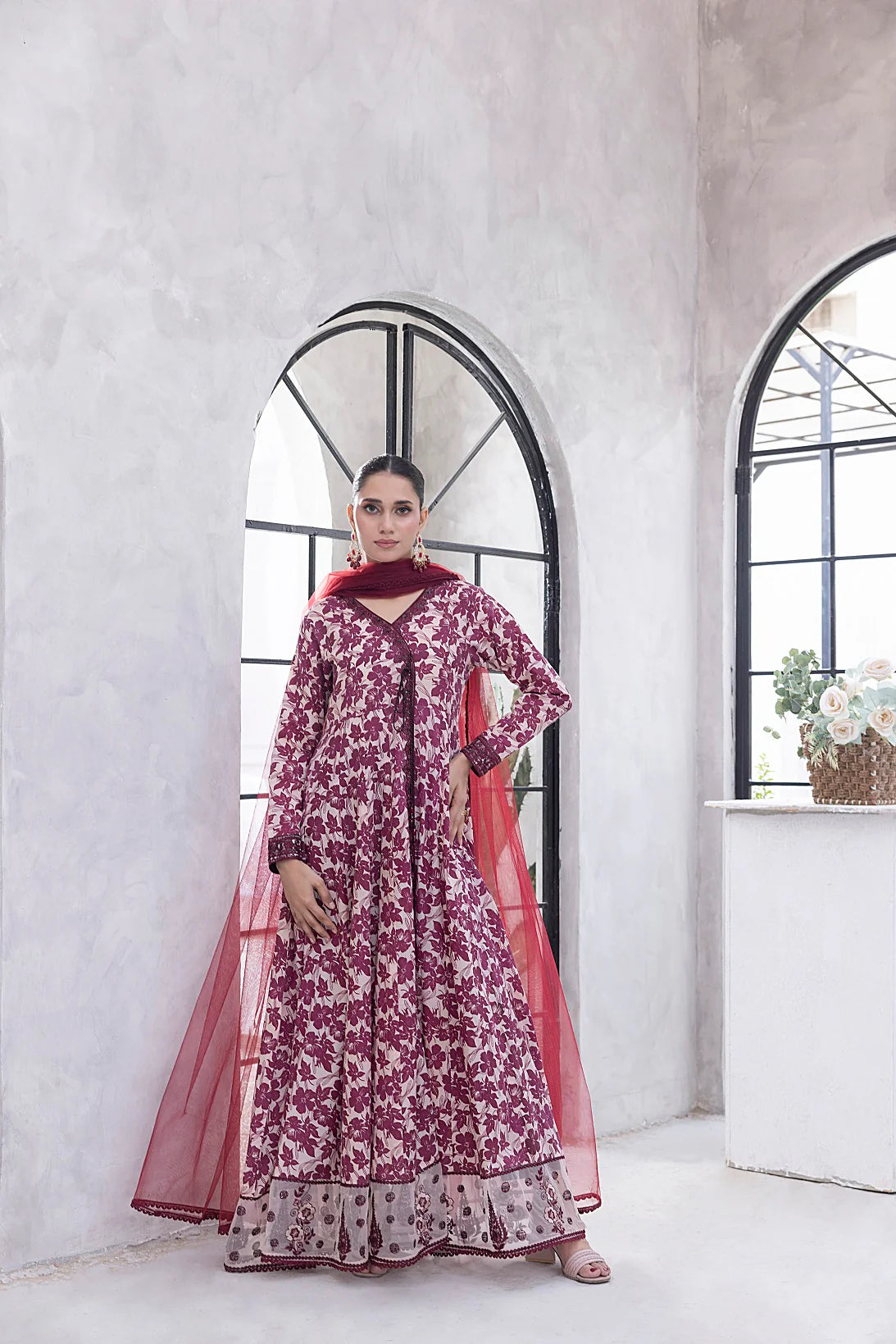 NF-6329 Maroon & Beige Printed Frock | Stitched Suit