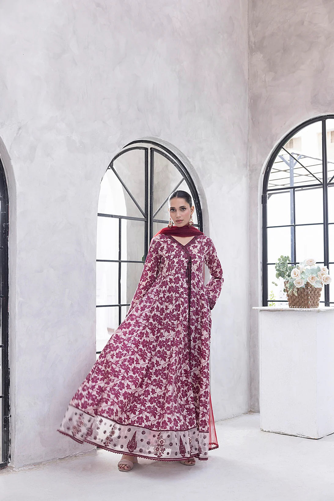 NF-6329 Maroon & Beige Printed Frock | Stitched Suit