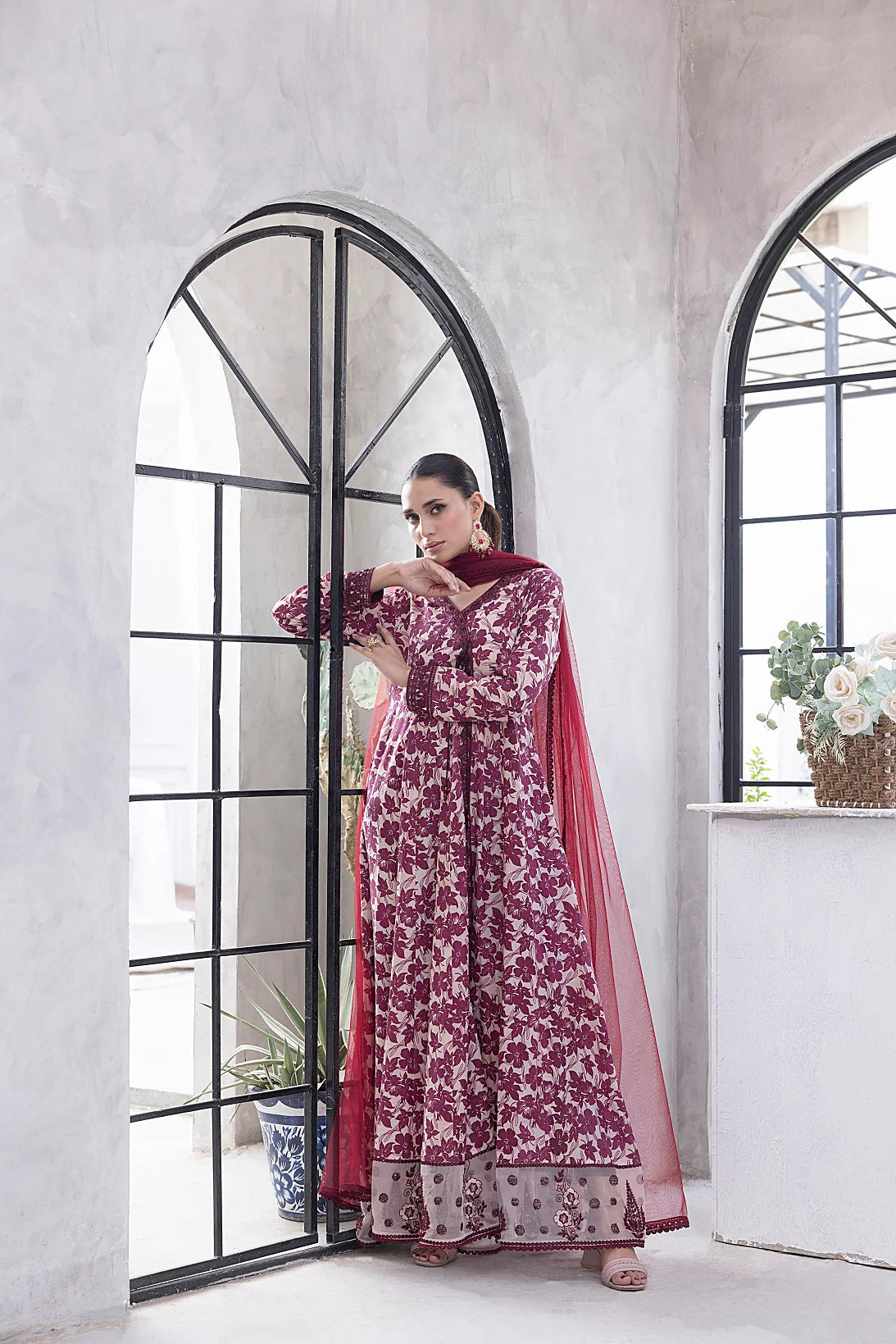 NF-6329 Maroon & Beige Printed Frock | Stitched Suit