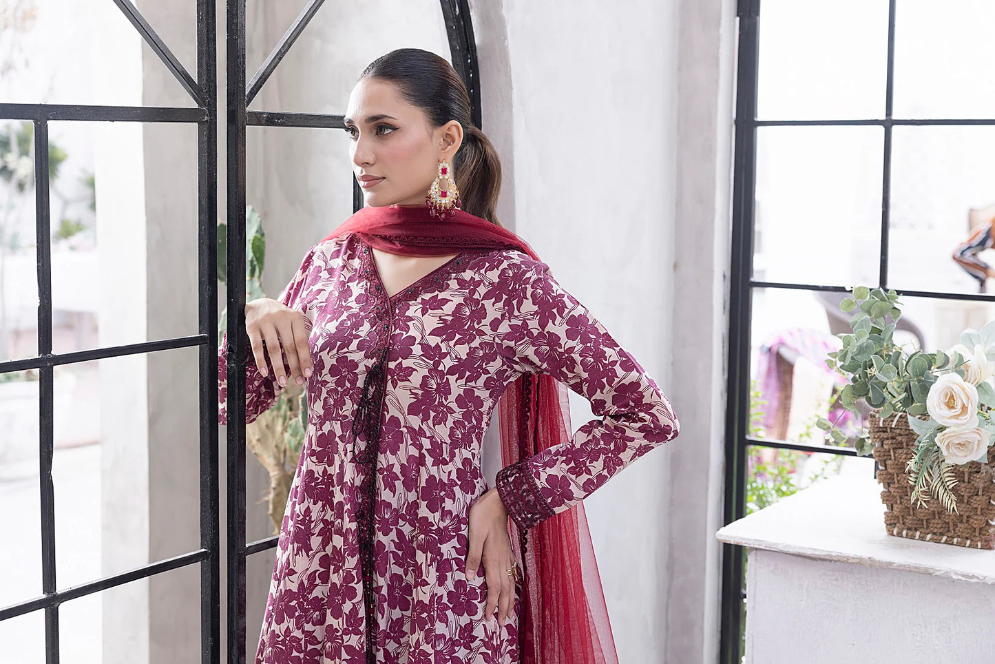 NF-6329 Maroon & Beige Printed Frock | Stitched Suit