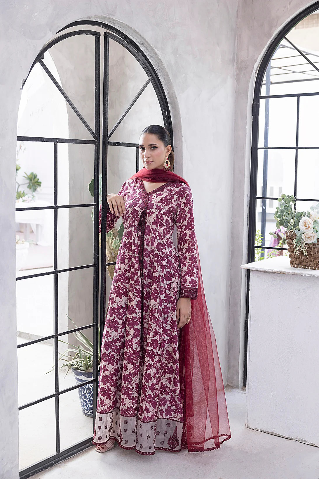 NF-6329 Maroon & Beige Printed Frock | Stitched Suit