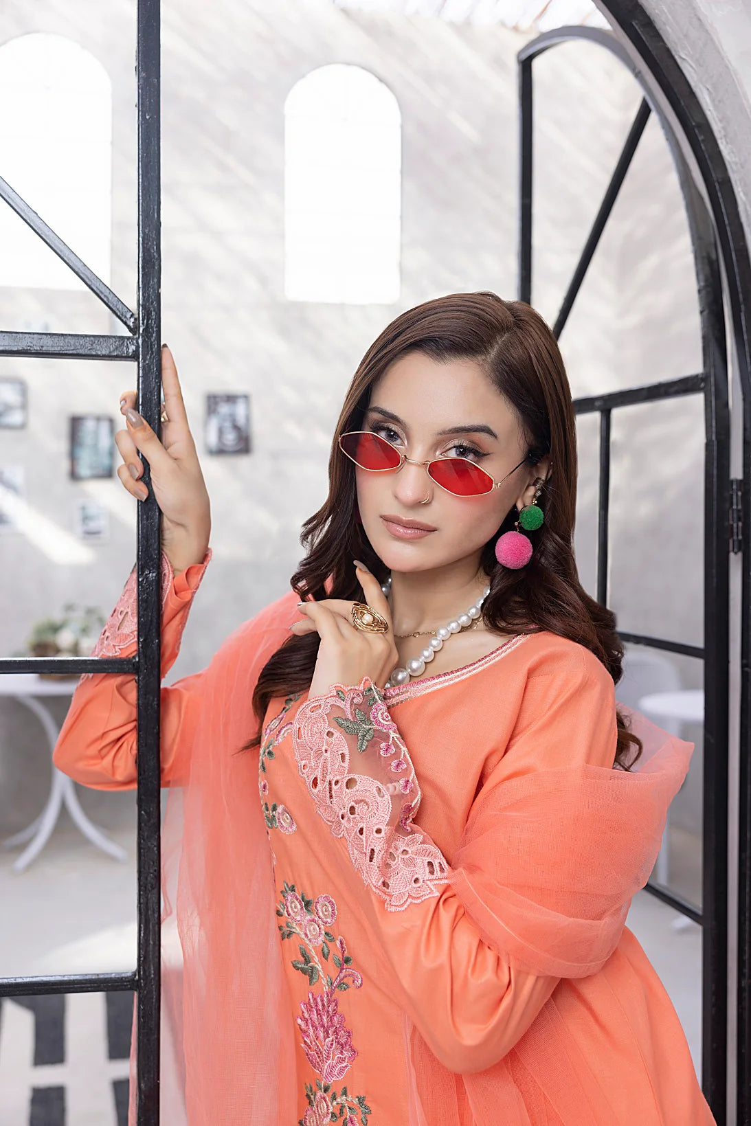 NF-6513 Peach Cotton Embroidered 3pc Suit