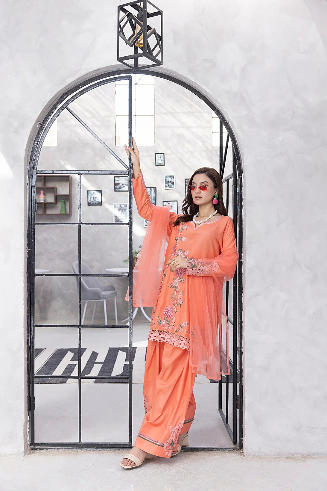 NF-6513 Peach Cotton Embroidered 3pc Suit
