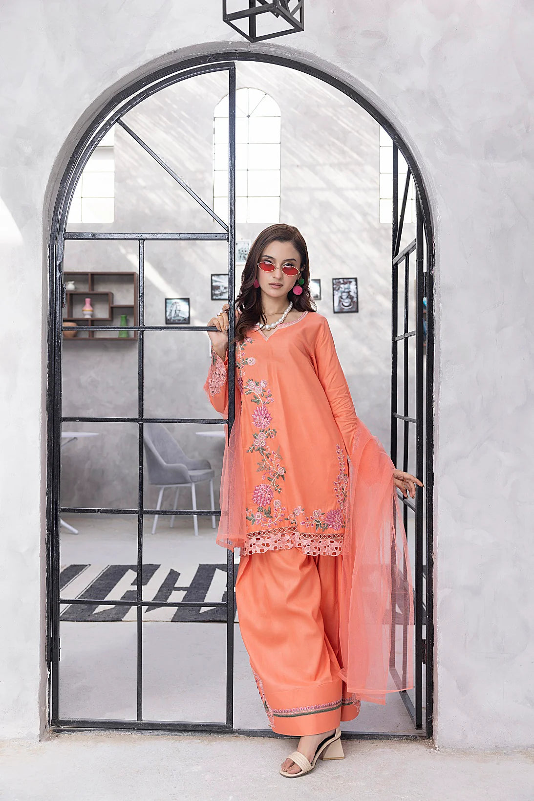 NF-6513 Peach Cotton Embroidered 3pc Suit