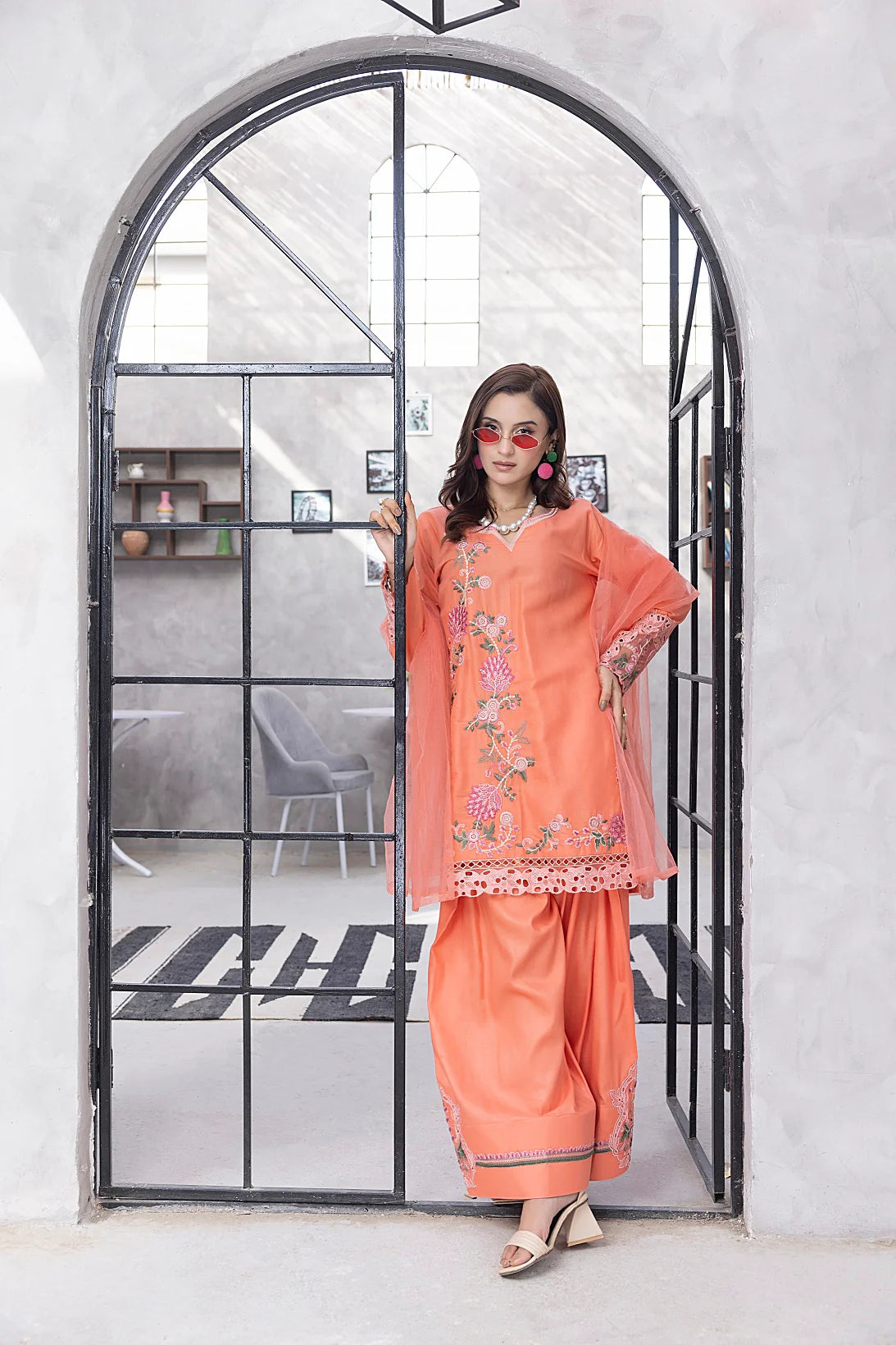 NF-6513 Peach Cotton Embroidered 3pc Suit