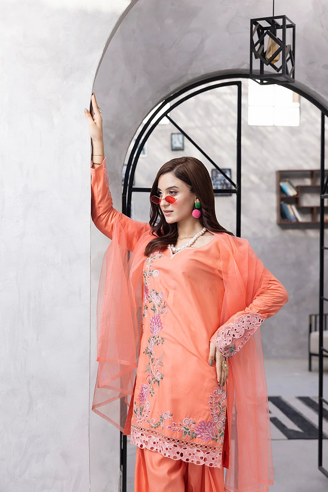 NF-6513 Peach Cotton Embroidered 3pc Suit