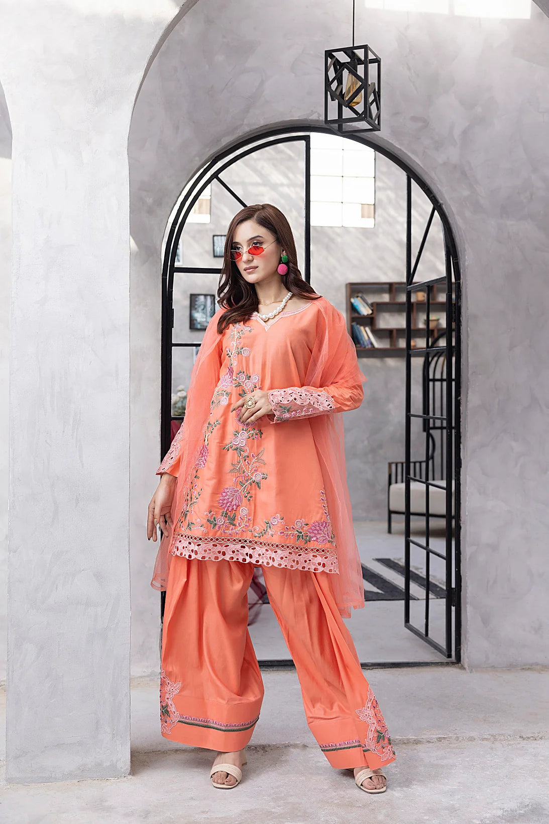 NF-6513 Peach Cotton Embroidered 3pc Suit