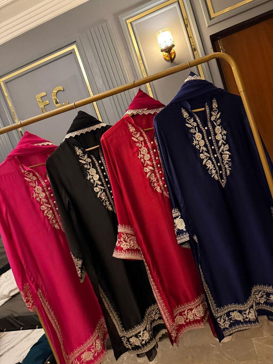 Embroidered China Silk 3-Piece Suite - Elegant Long-Line Silhouette